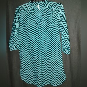 Live 4 Truth Tunic Mini Dress Chevron 3/4 Sleeve Green Blue LARGE Pre-owned